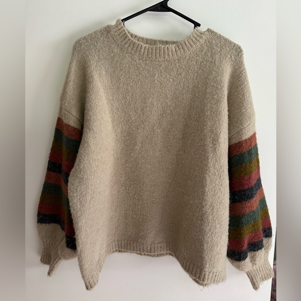 Lush Beige Sweater with Colorful Striped Sleeves